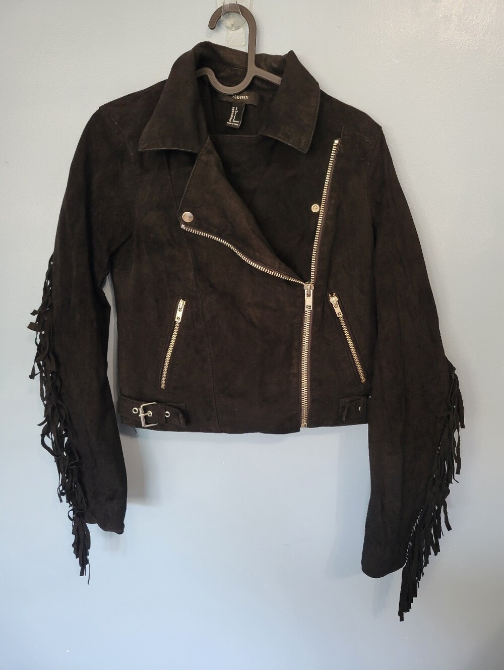 Forever 21 Fringe Pigskin Suede Moto Jacket Black S